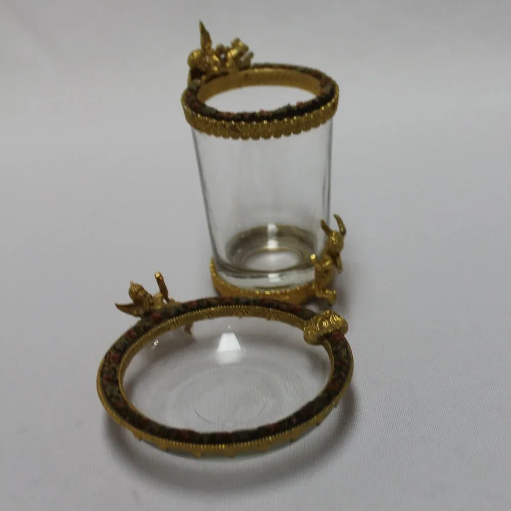 Vintage Golden Cherup Vanity Trinket Dish and Glass